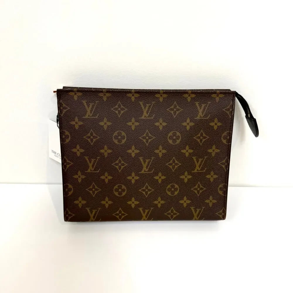 Louis Vuitton Monogram Canvas Brown Black Leather Poche Toilette Clutch Handbag